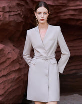 Sleek Slate Belted Blazer Dress